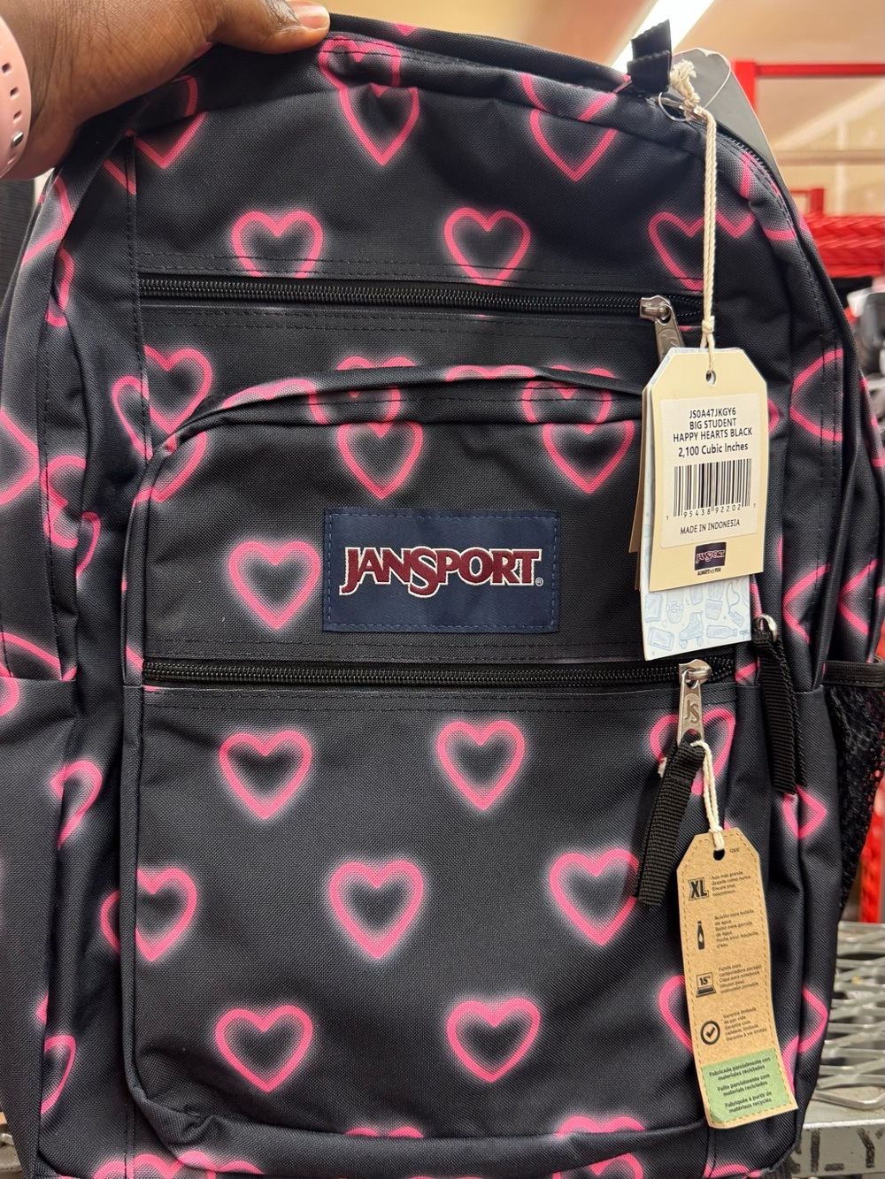 Jansport Black Backpack with Pink Heart Pattern